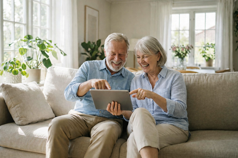 Happy senior couple using a tablet at home
